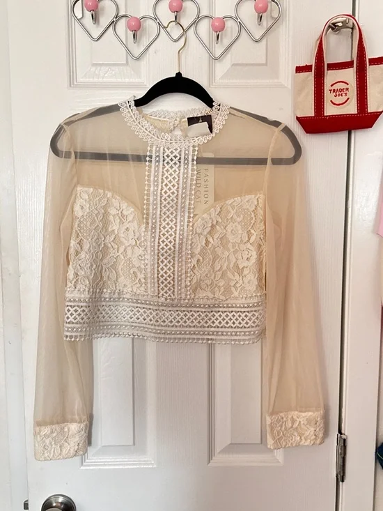 Delicate Lace Overlay Long-Sleeve Top — Cream - Picture 1 of 14